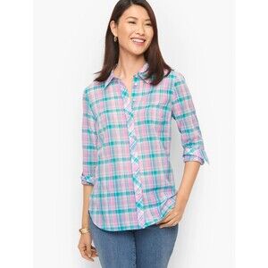 Talbots Womens Plus 2X Cotton Button Up Tulip Plaid Long Sleeves Shirt